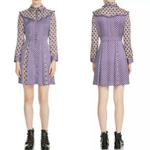 Maje Reed Mixed Print Button Down Round Collar Dress Size Medium 70s Hippie Geo